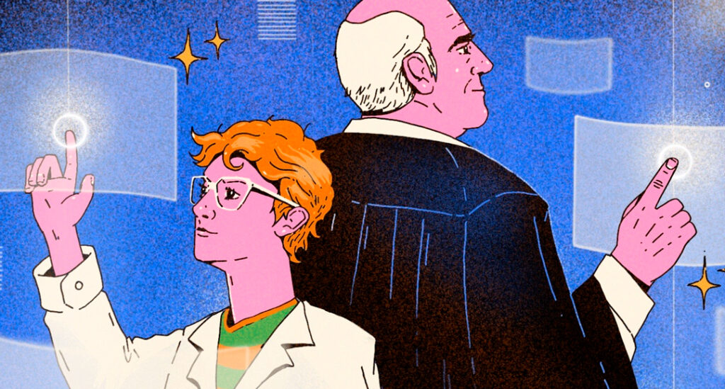 Ilustración de Domingo F. Sarmiento junto a un estudiante interactuando con tecnología digital, en referencia a la integración de la inteligencia artificial en la educación