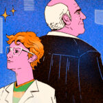 Ilustración de Domingo F. Sarmiento junto a un estudiante interactuando con tecnología digital, en referencia a la integración de la inteligencia artificial en la educación